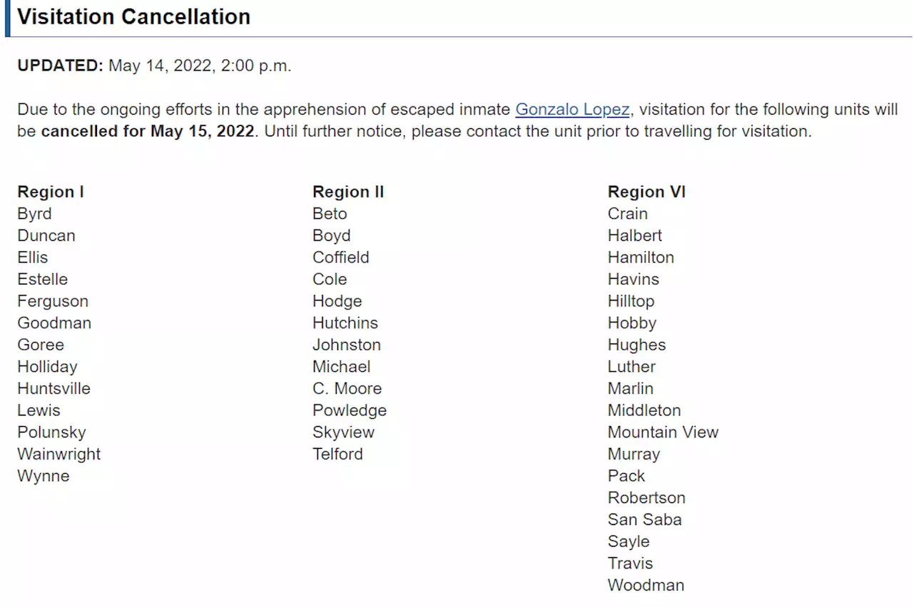 Texas prisons cancel visitation following escape