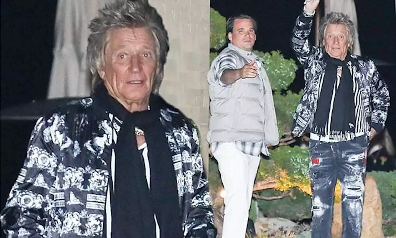 Rod Stewart dons a navy bomber jacket as he grabs dinner with son Sean