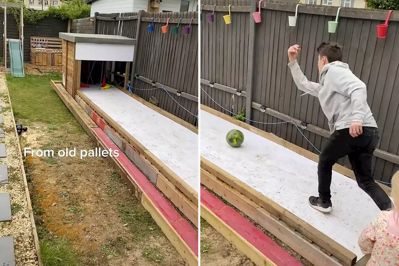 I turned old pallets into a bowling alley for kids in the back garden