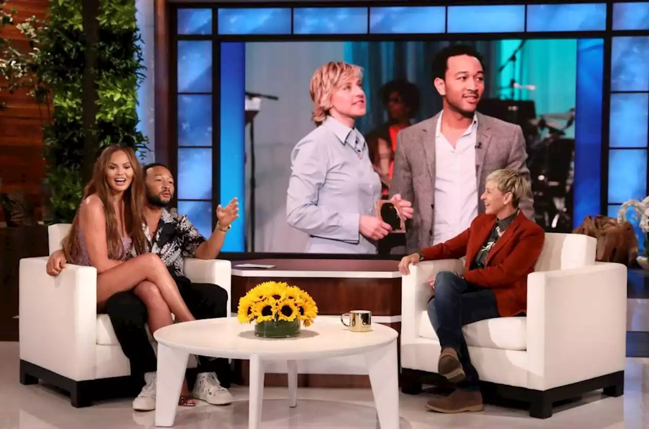 Chrissy Teigen Nearly Flashes Ellen DeGeneres During Surprise Show Visit With John Legend: Watch