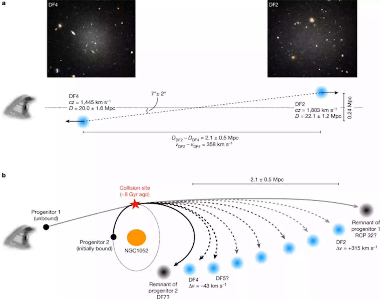 A trail of dark-matter-free galaxies from a bullet-dwarf collision - Nature