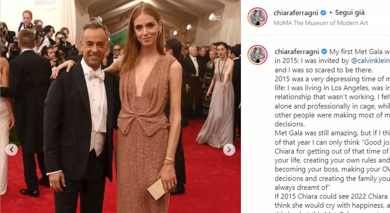 Chiara Ferragni, il triste ricordo del Met Gala 2015: «Periodo deprimente, ero in una relazione che non funzionava»