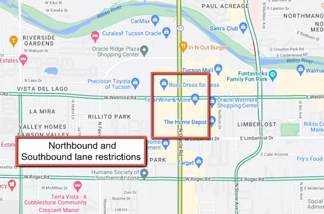 Plan for lane restrictions on SR 77/Oracle Road at Wetmore Road in Tucson tonight