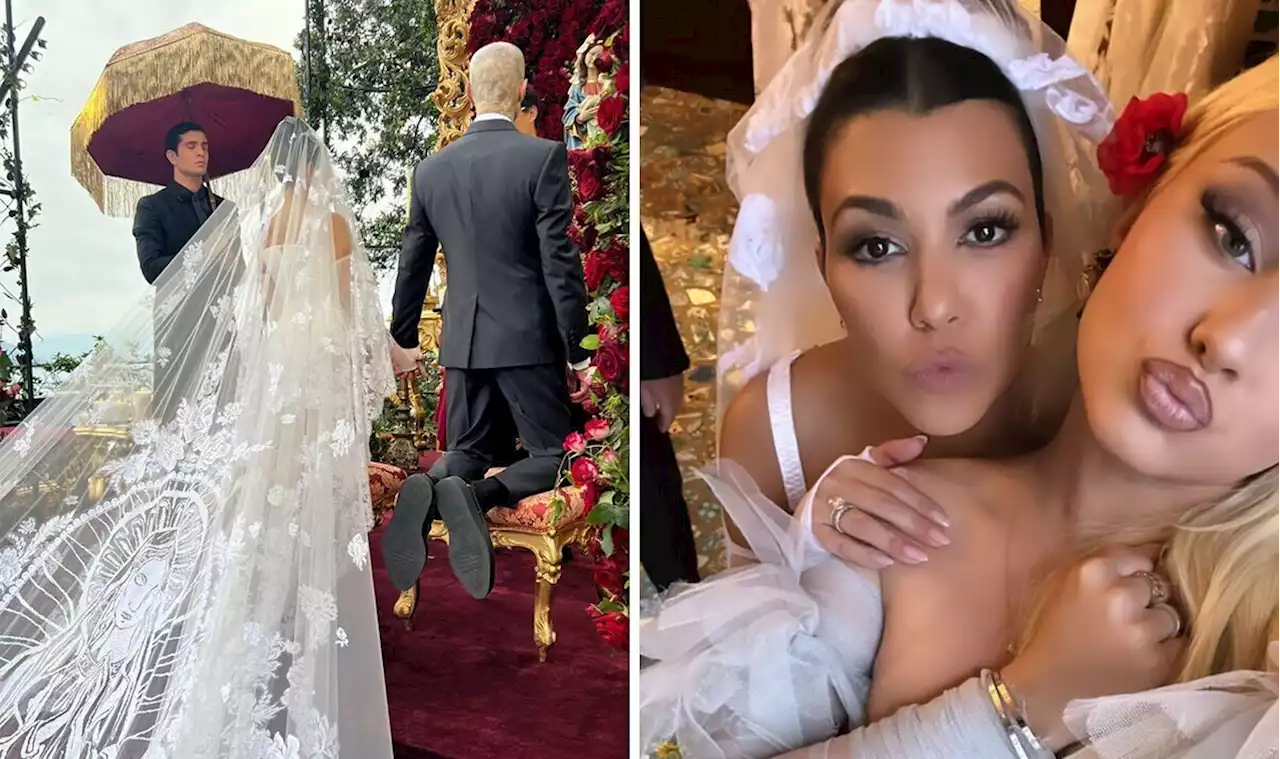 Kourtney Kardashian wows in white mini dress and epic veil as she marries Travis Barker