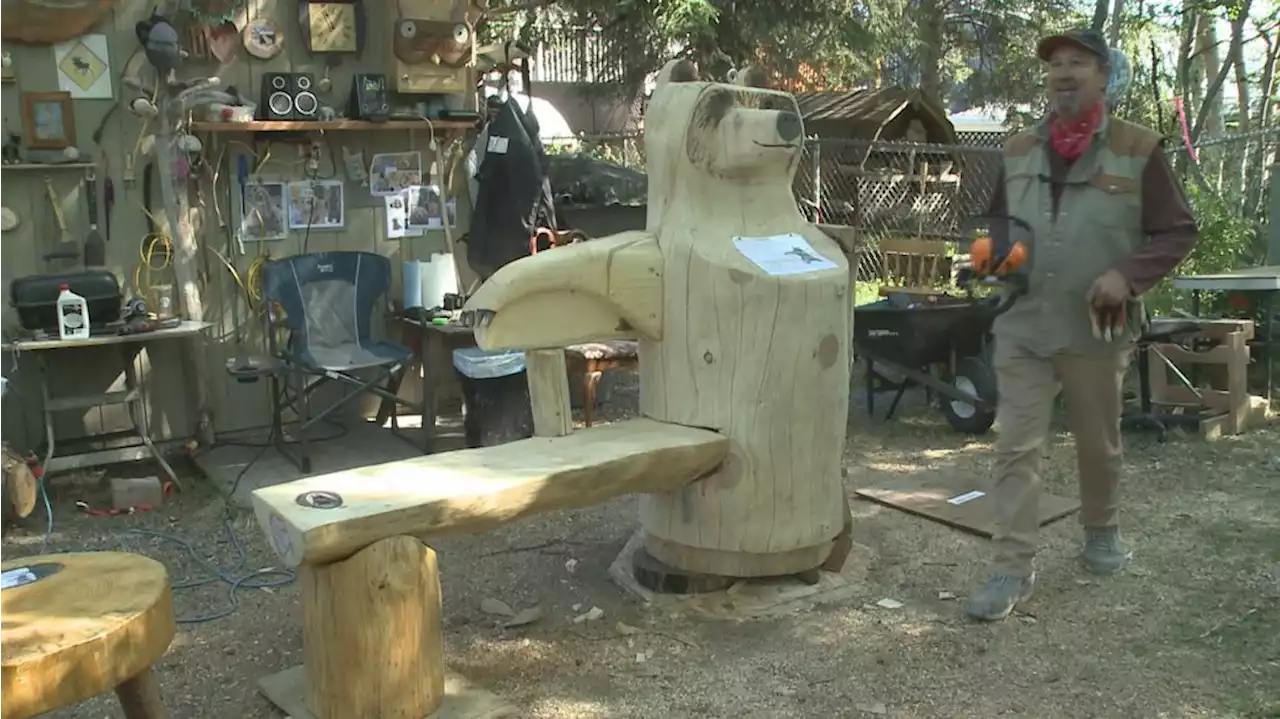 Telling Alaska’s Story: Alaskan woodcarver busy at work on bench for Alaska Zoo