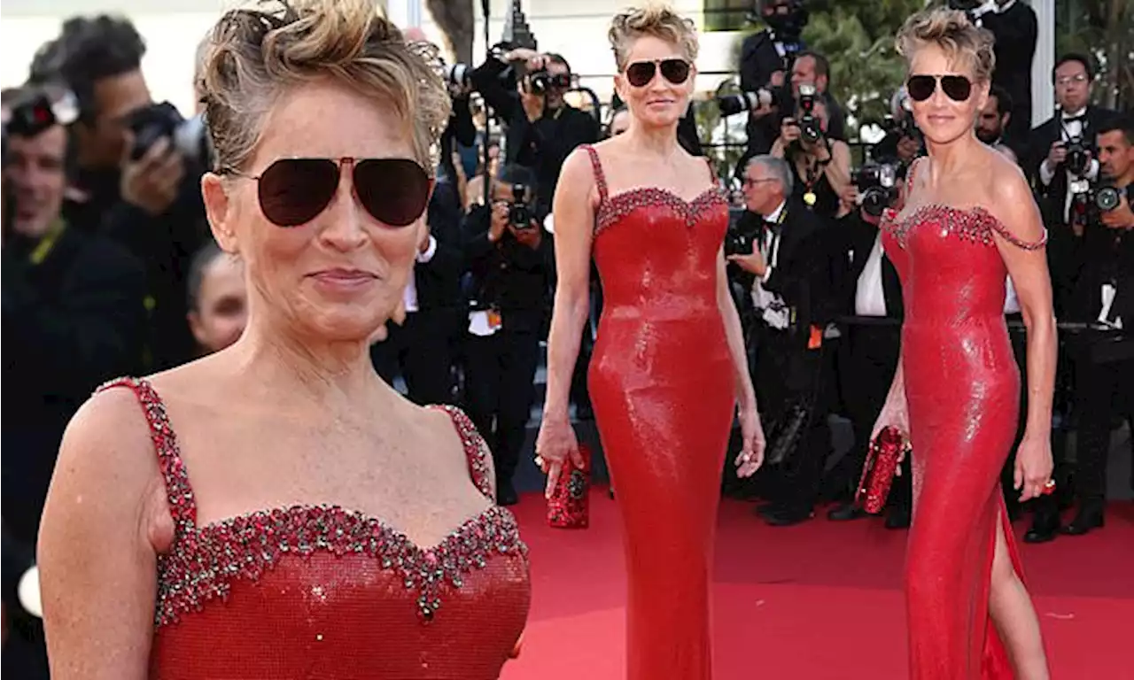 Sharon Stone models a fitted red gown at Cannes premiere of Elvis