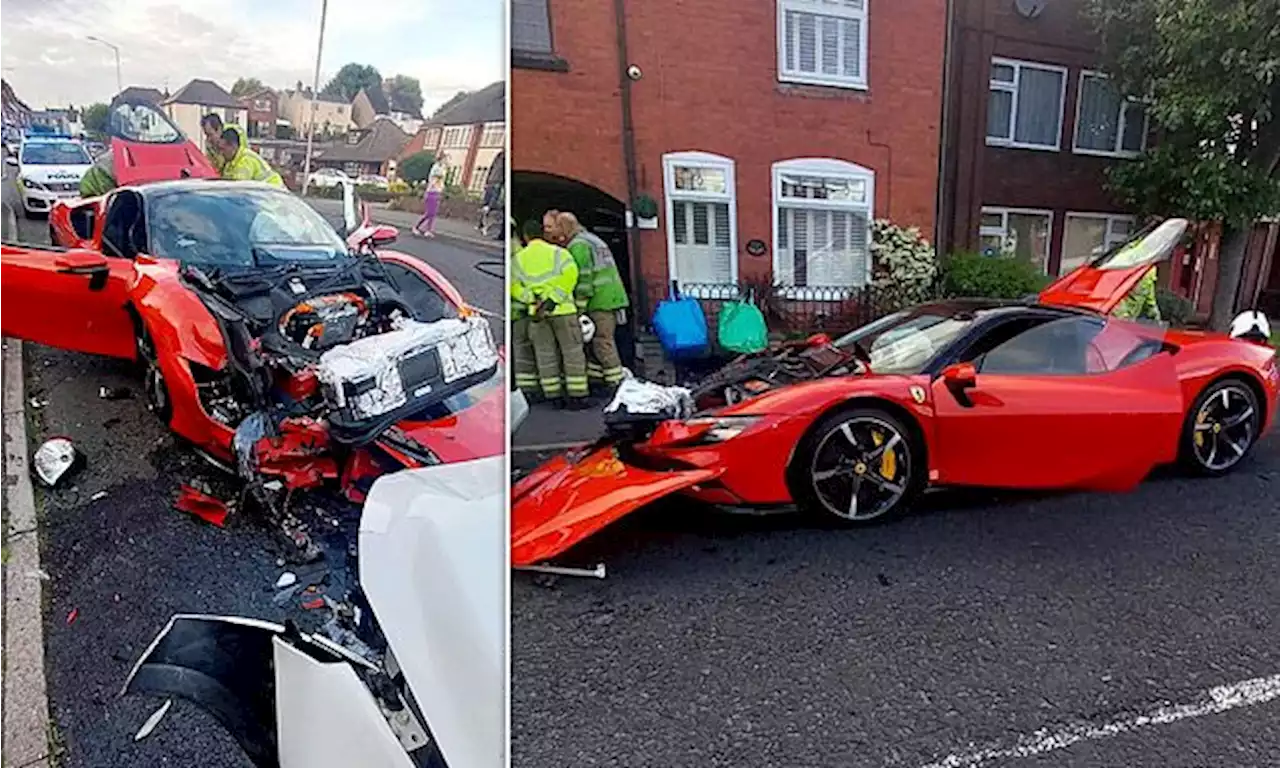 Driver leaves £500,000 Ferrari a mangled wreck after head-on crash