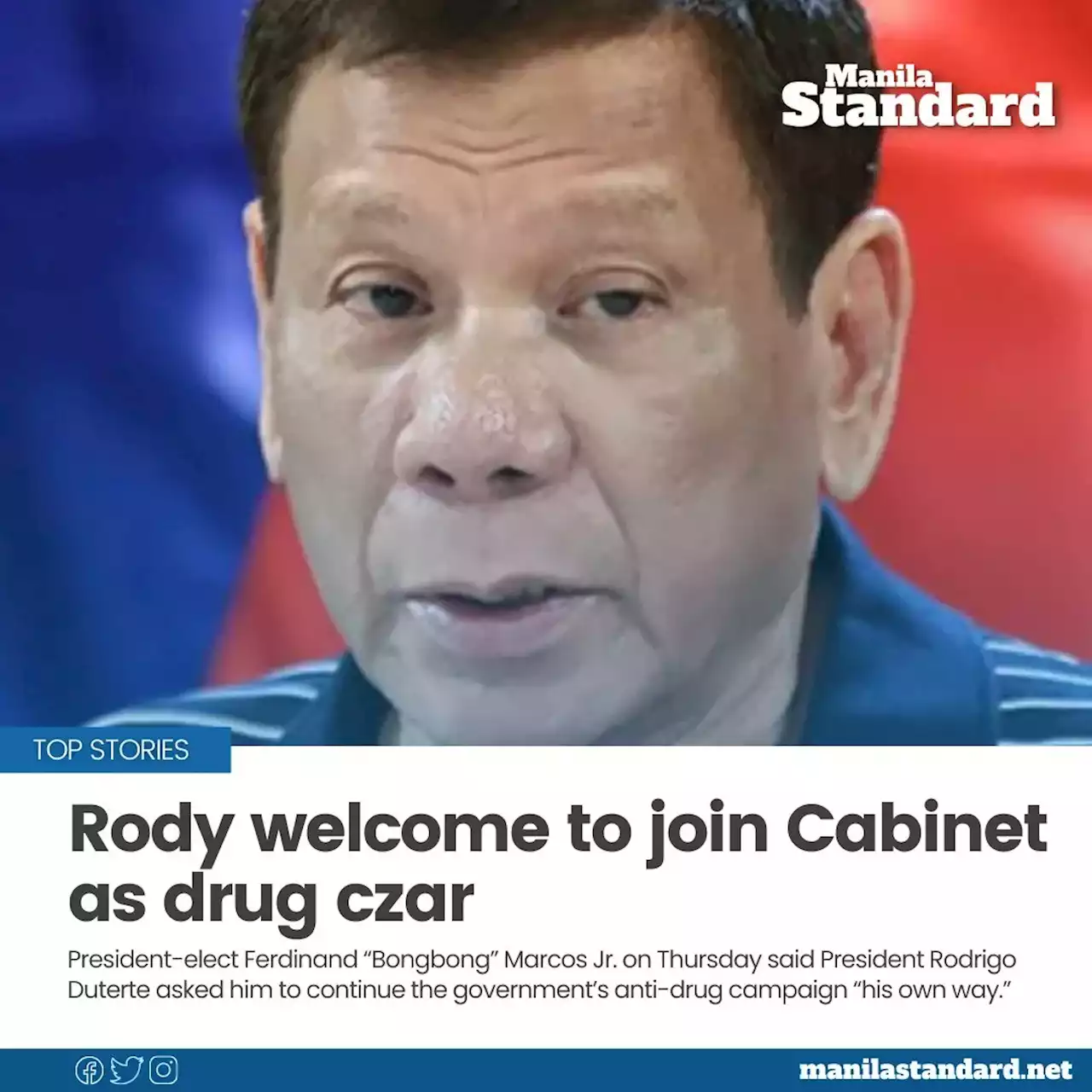 Rody welcome to join Cabinet as drug czar