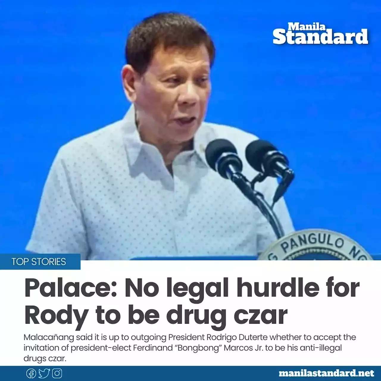 Palace: No legal hurdle for Rody to be drug czar