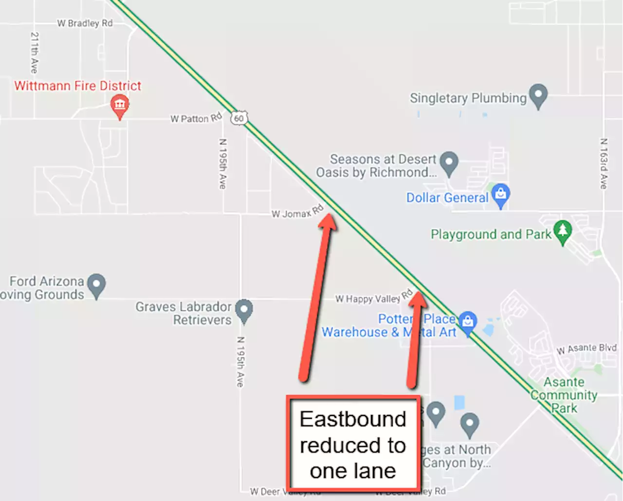 Eastbound US 60 (Grand Avenue) reduced to one lane between Jomax and Happy Valley roads May 4 and 5