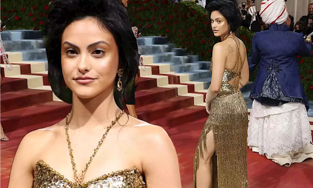 Camila Mendes dazzles in a golden sequin and fringe gown at the Met