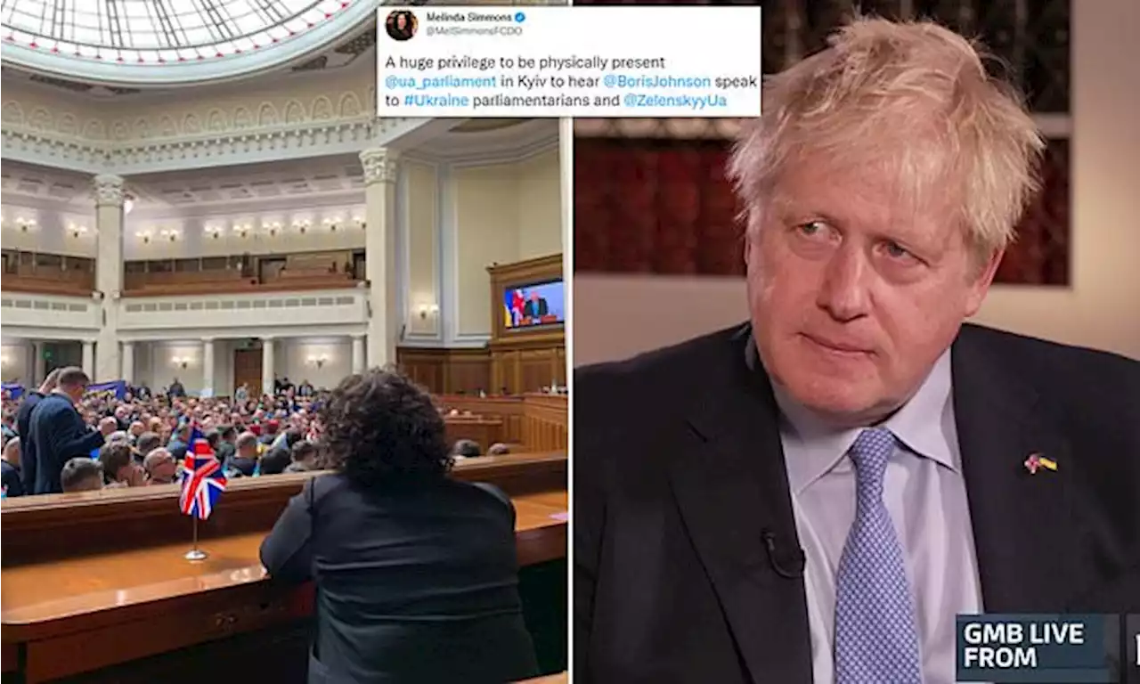 UK flags fly at Ukraine's parliament as Boris Johnson gives speech