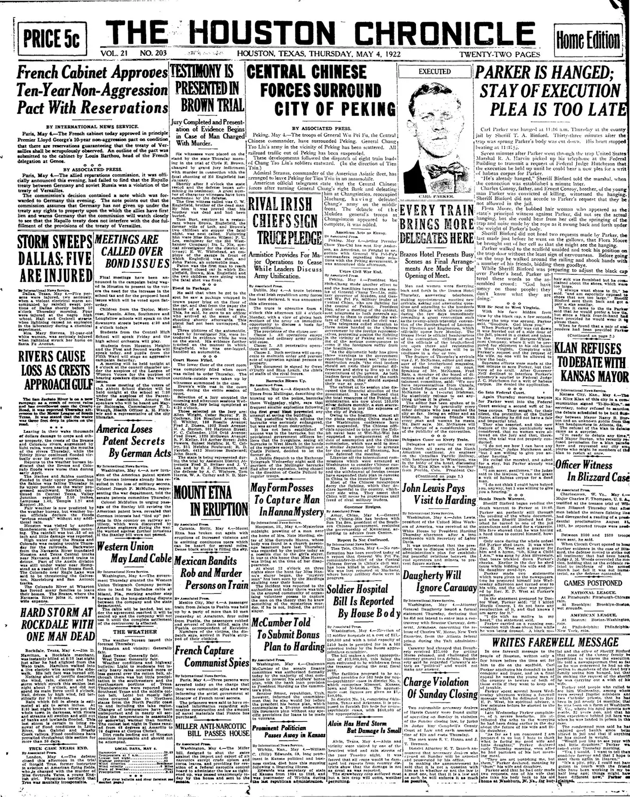 This day in Houston history, May 4, 1922: Carl Parker is hanged in Harris County