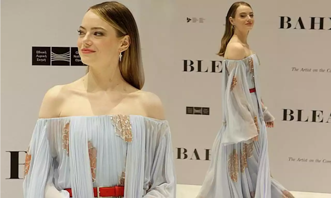 Emma Stone stuns in a floaty blue gown at premiere of Bleat in Athens