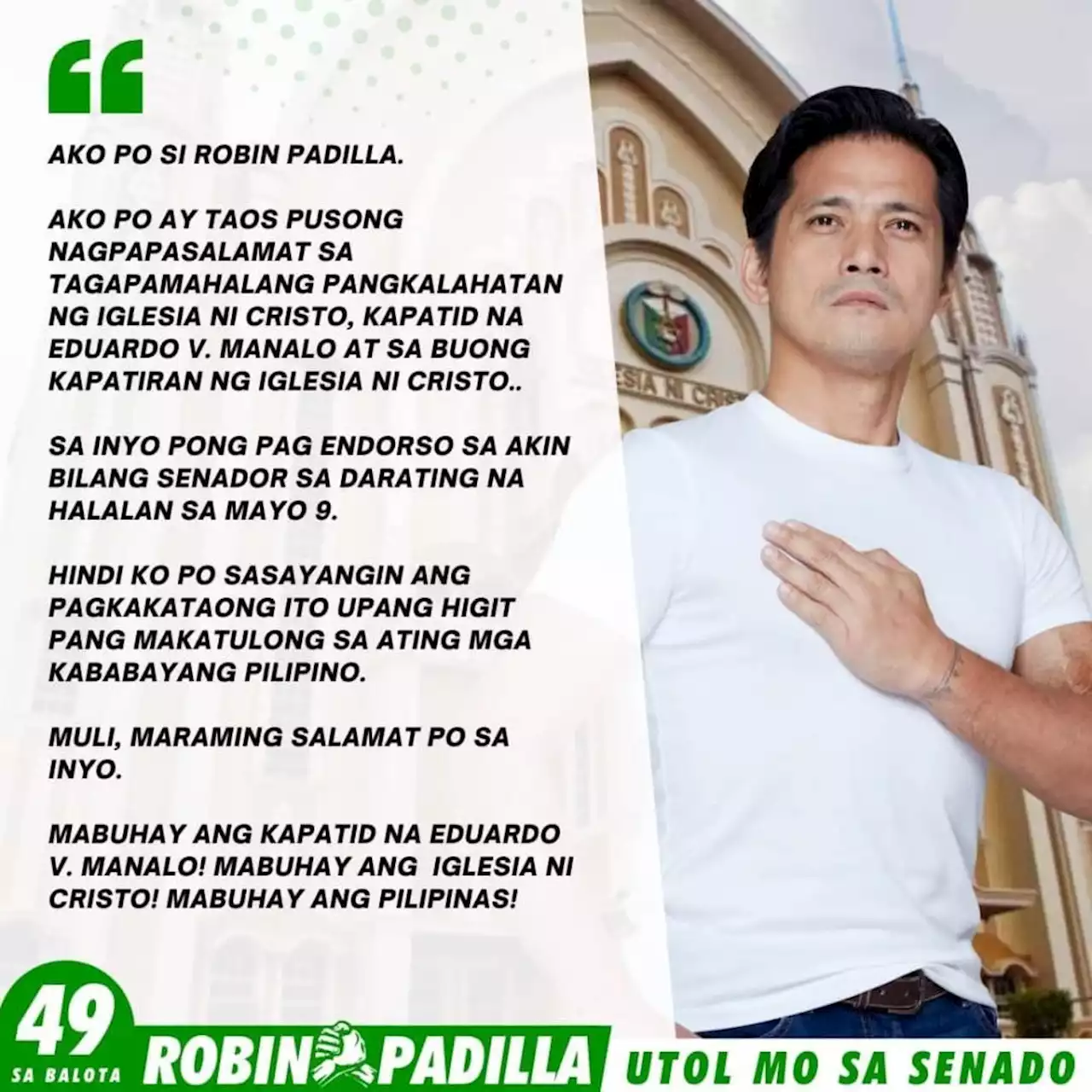 Robin Padilla thanks Iglesia ni Cristo for support