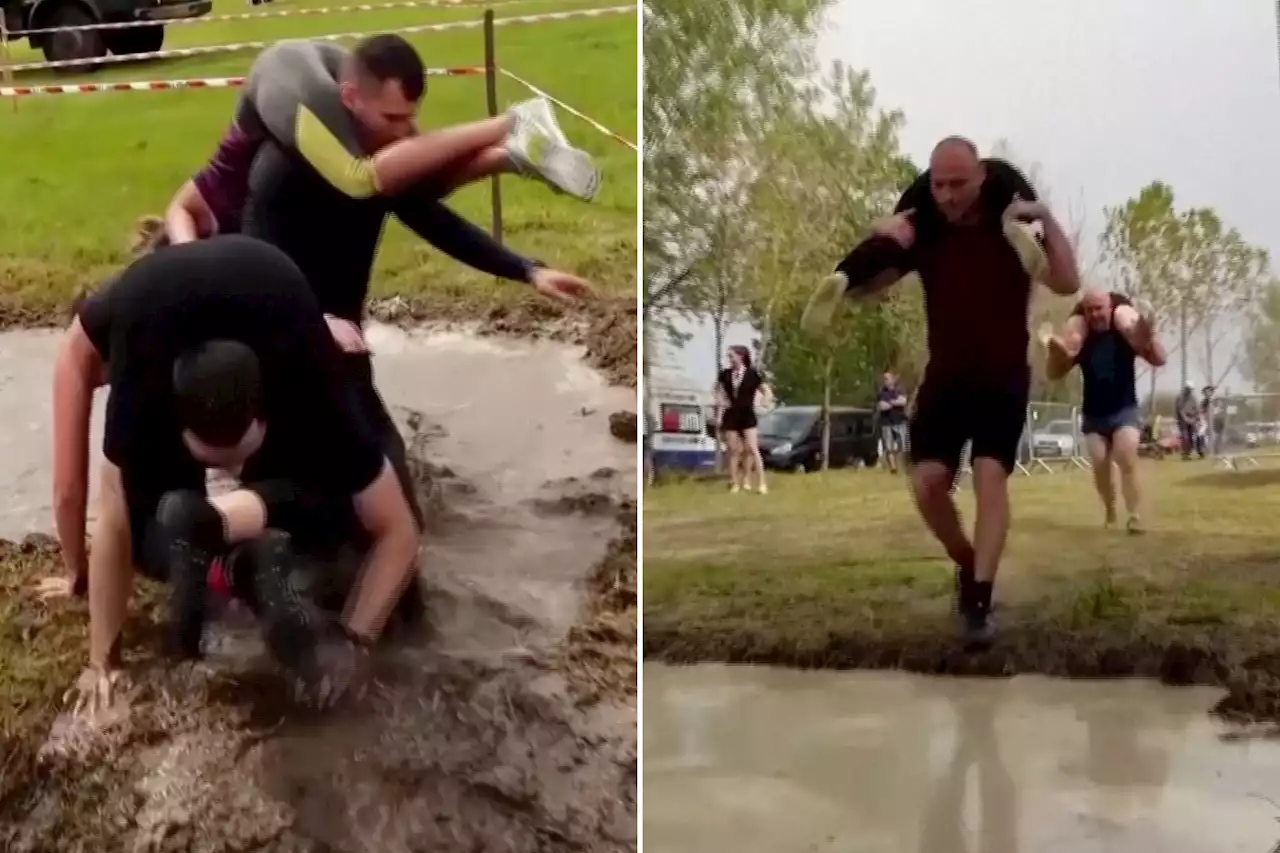 Hungarian couples race in wife-carrying obstacle course