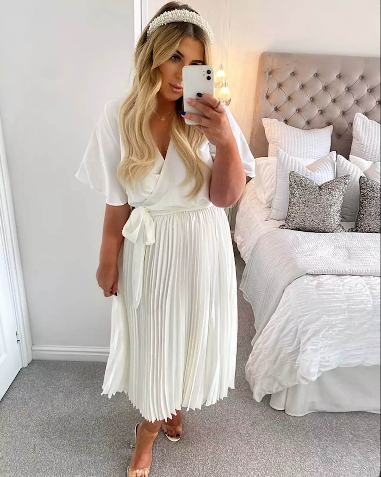 JAC JOSSA WHITE PLEATED WRAP MIDI DRESS