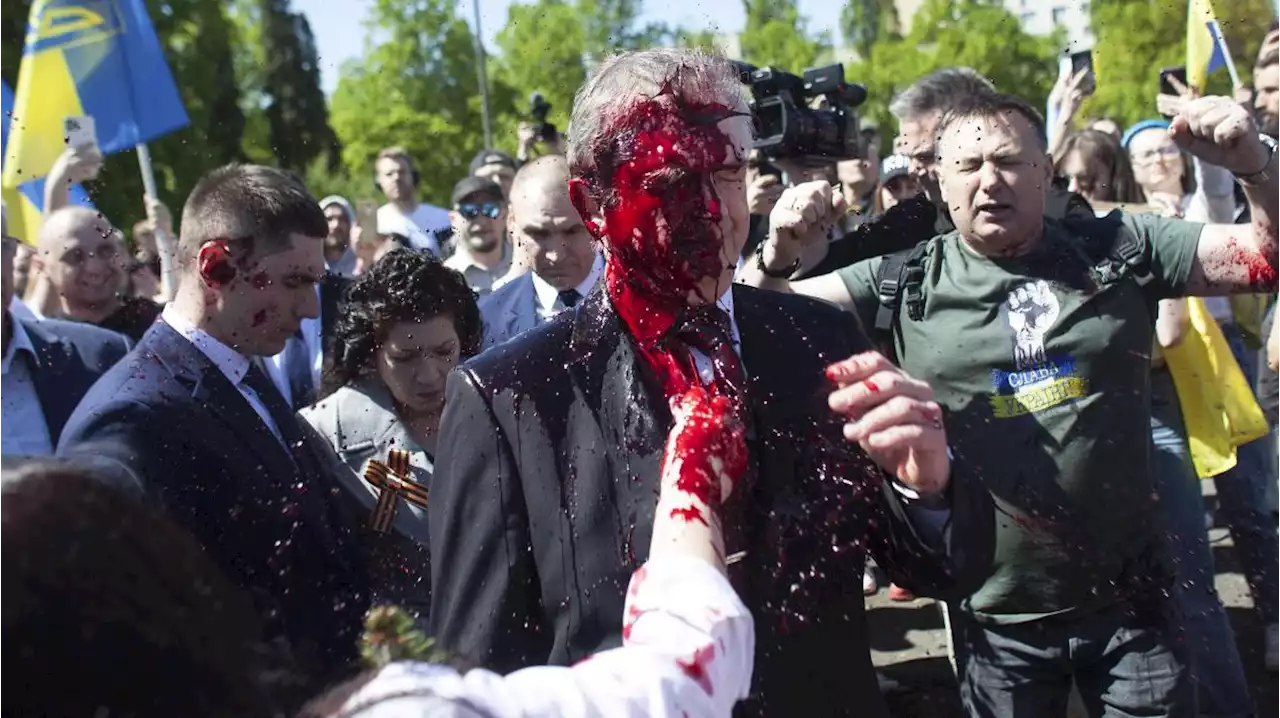 Russian ambassador pelted with red paint at Victory Day in Warsaw