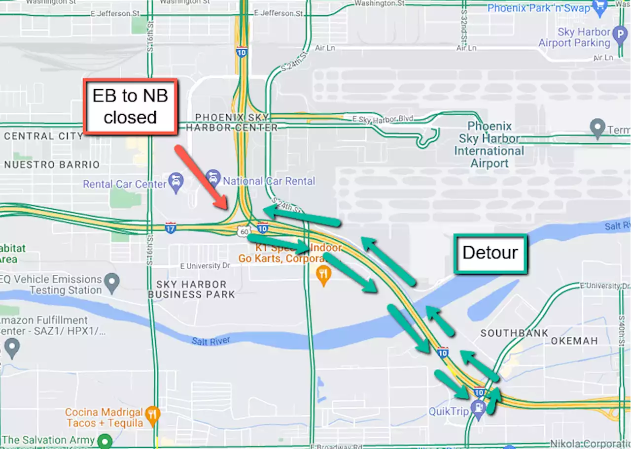 Eastbound Interstate 10 ramp to northbound Interstate 17 at the “Split” interchange closed Wednesday, June 1