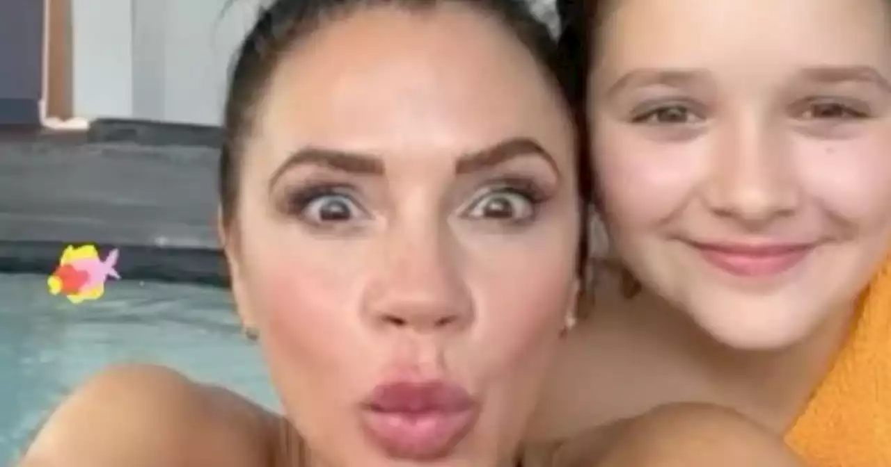 Victoria Beckham and 'water baby' daughter Harper splash around in pool