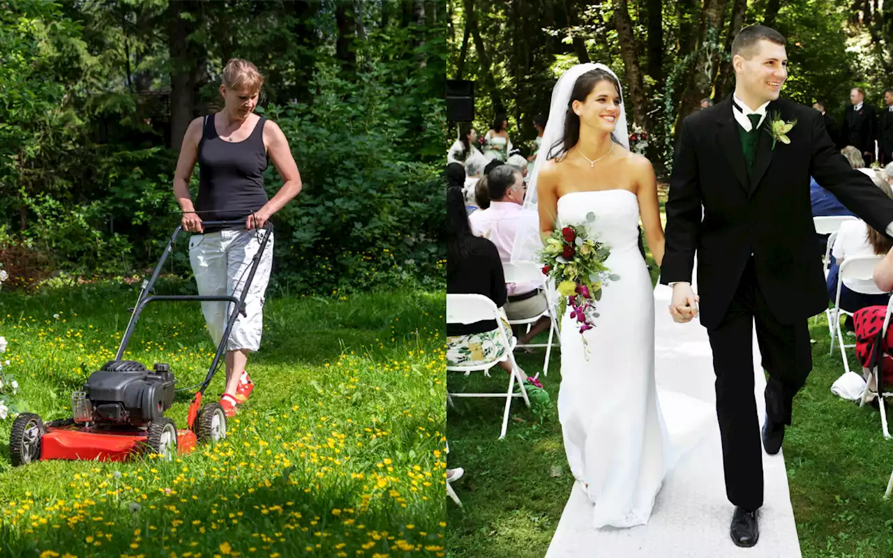 Video of woman mowing lawn as bride walks down aisle at wedding sparks fury