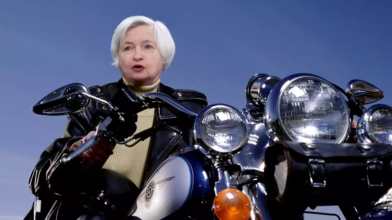 Motorcycle-Revving Janet Yellen Folds Up Picture Of Cryptocurrency Before Speeding Away