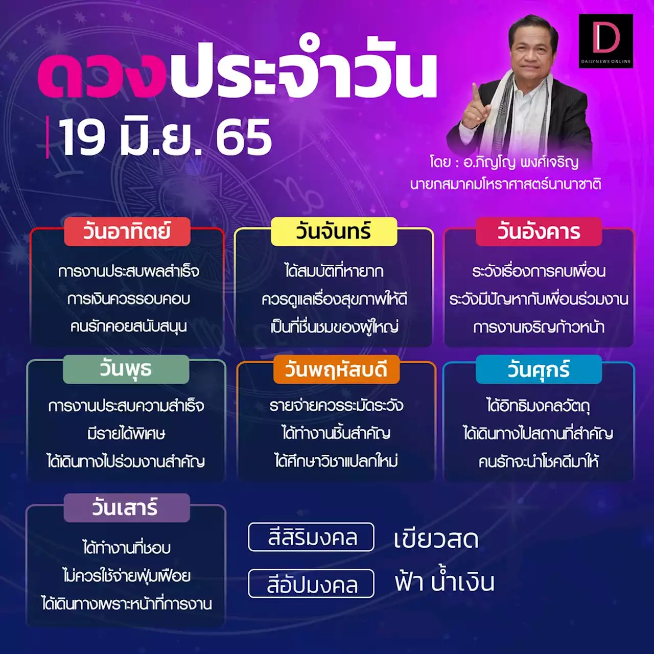 เช็กดวงประจำวันที่ 19 มิ.ย. 65 สีสิริมงคล-เขียวสด สีอัปมงคล-ฟ้า น้ำเงิน | เดลินิวส์