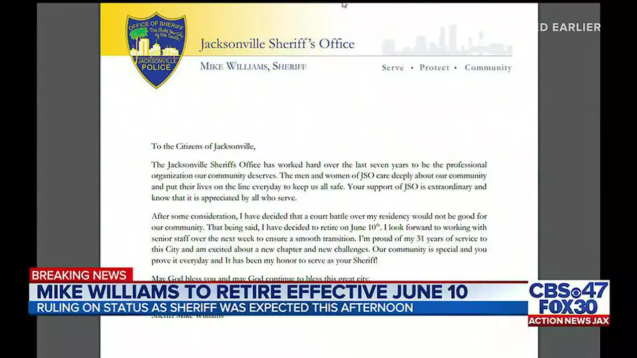 Jacksonville Sheriff Mike Williams announces he will retire June 10