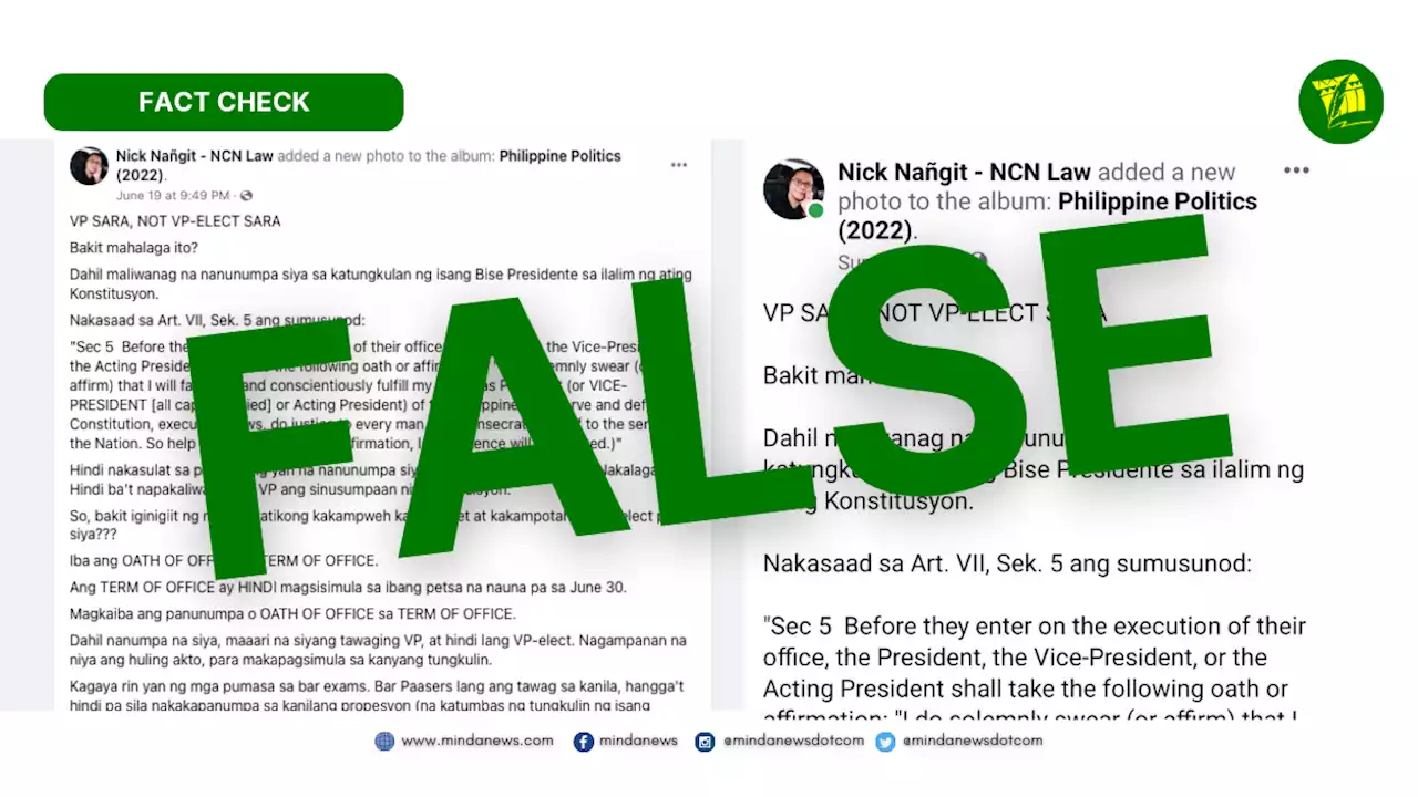 FACT CHECK: Post-oathtaking, Sara Duterte still VP-elect until assumption on June 30