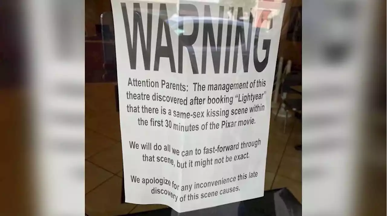 Movie theater removes warning sign for lesbian kiss in ‘Lightyear’