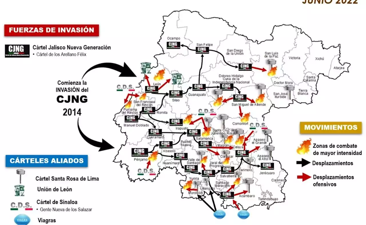 Mapa muestra extensión del CJNG en 25 municipios de Guanajuato