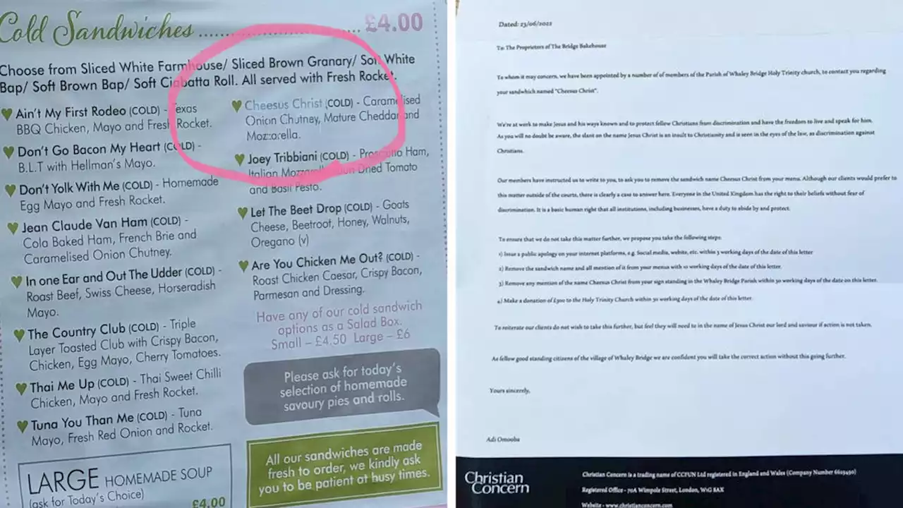 Bakery threatened in fake letter from Christian group over 'Cheesus Christ' sandwich