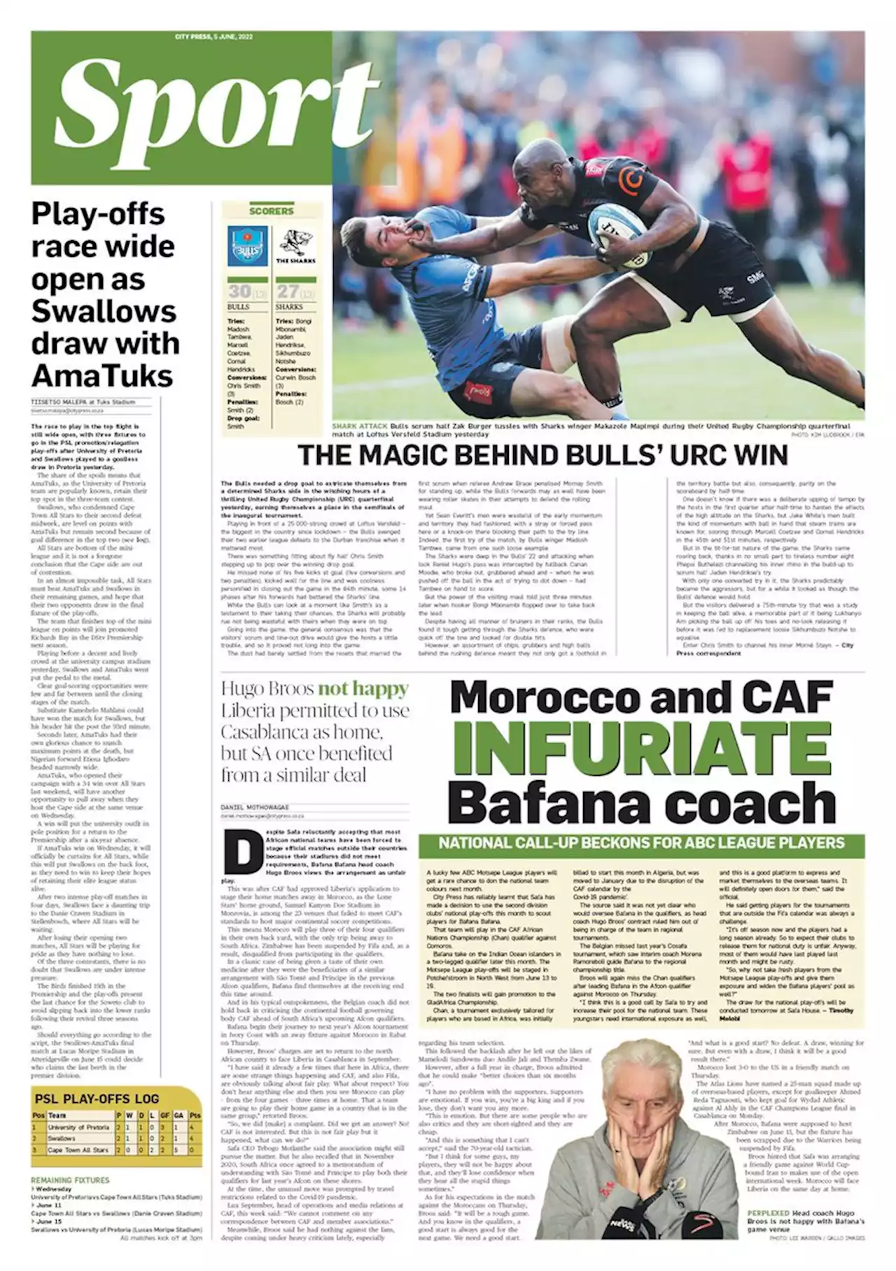 What's in City Press Sport: Pitso Mosimane: ‘PSL clubs can afford me’ | Morocco and CAF infuriate Bafana coach | Citypress