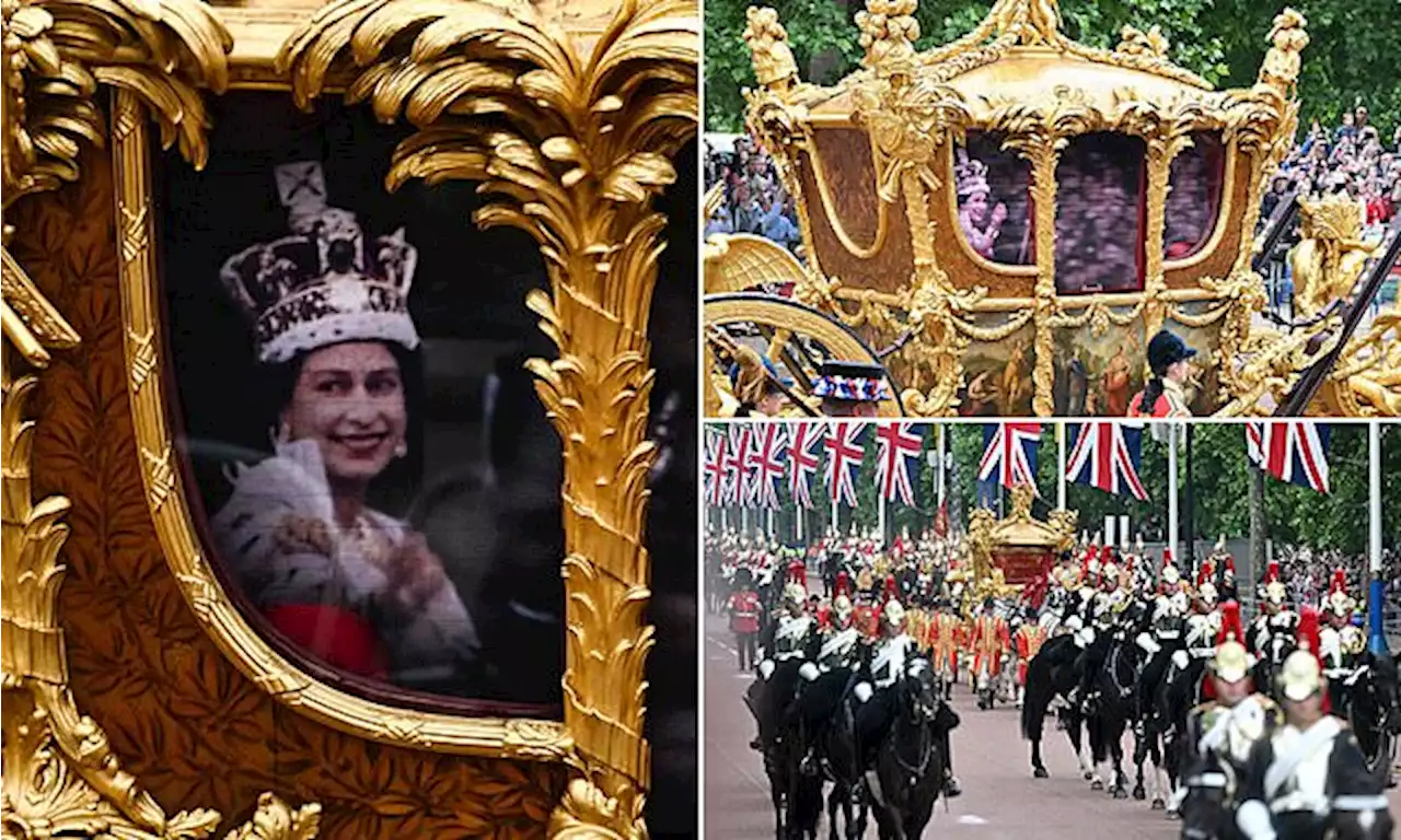 Hologram Queen smiles and waves from the Gold State Coach