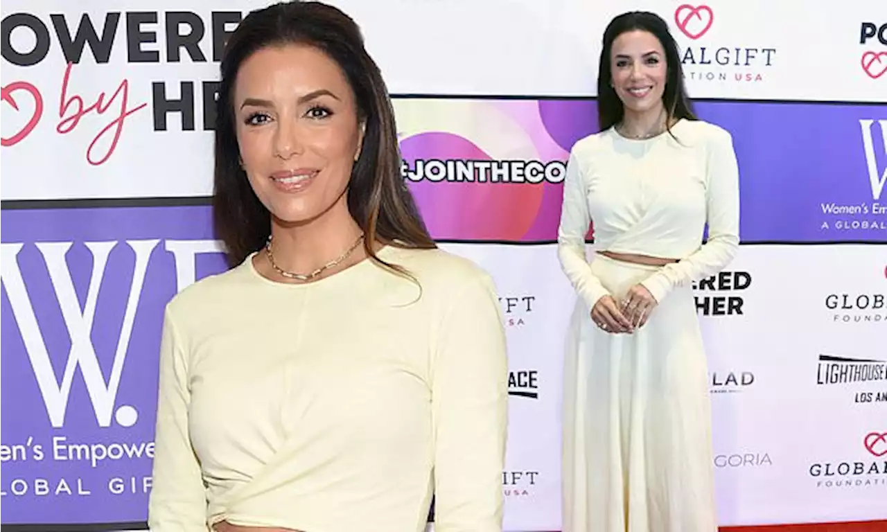 Eva Longoria is stylish in a chic cream two-piece