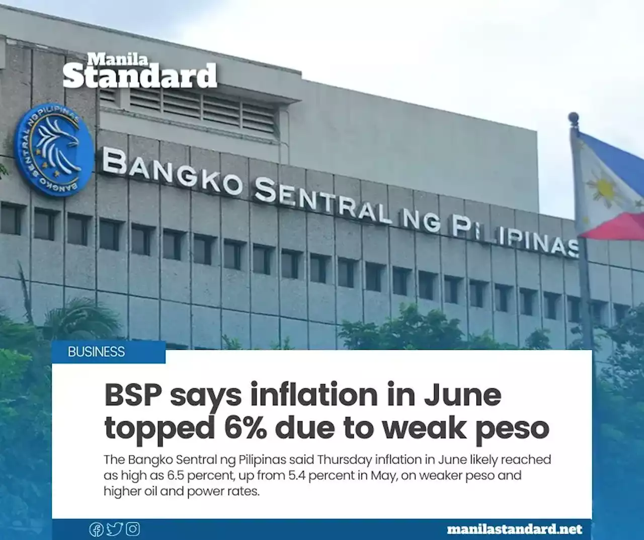 BSP says inflation in June topped 6% due to weak peso