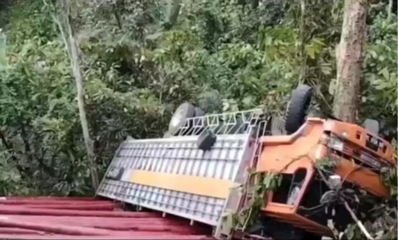 Truk Ekspedisi Angkut Puluhan Tiang Listrik Terjun ke dalam Jurang di Polewali Mandar