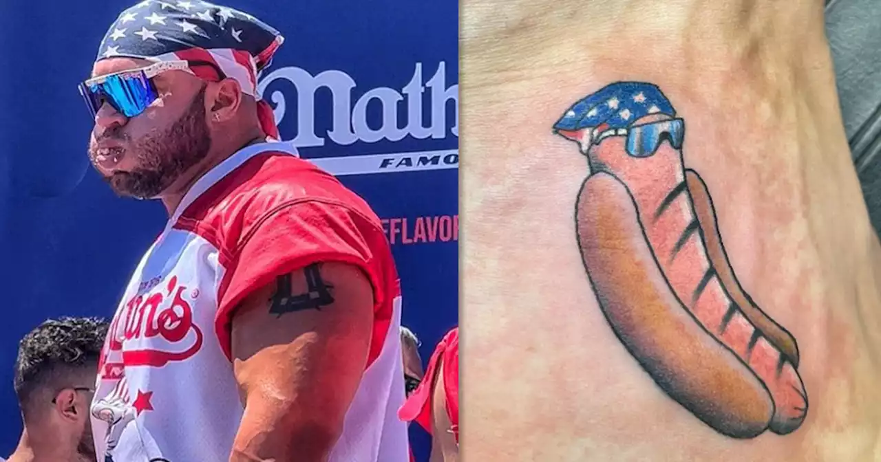 Kentucky pro eater relishing 7th place finish with hot dog tattoo