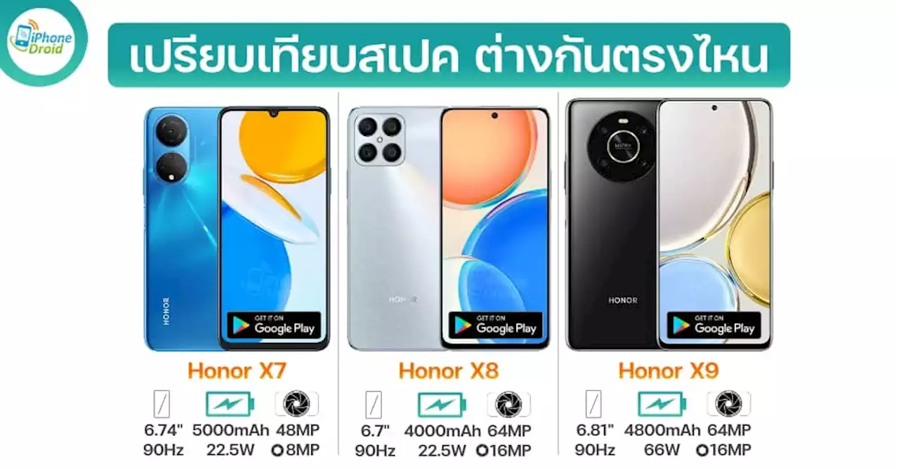 เปรียบเทียบสเปค Honor X7 vs Honor X8 vs Honor X9 ต่างกันตรงไหน