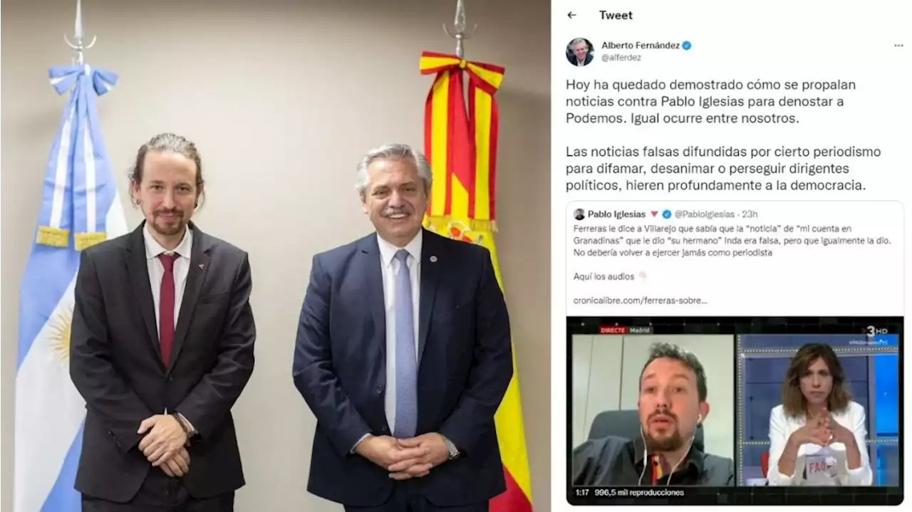 Alberto Fernández criticó a 'cierto periodismo' por 'difamar' a Pablo Iglesias, de la izquierda española