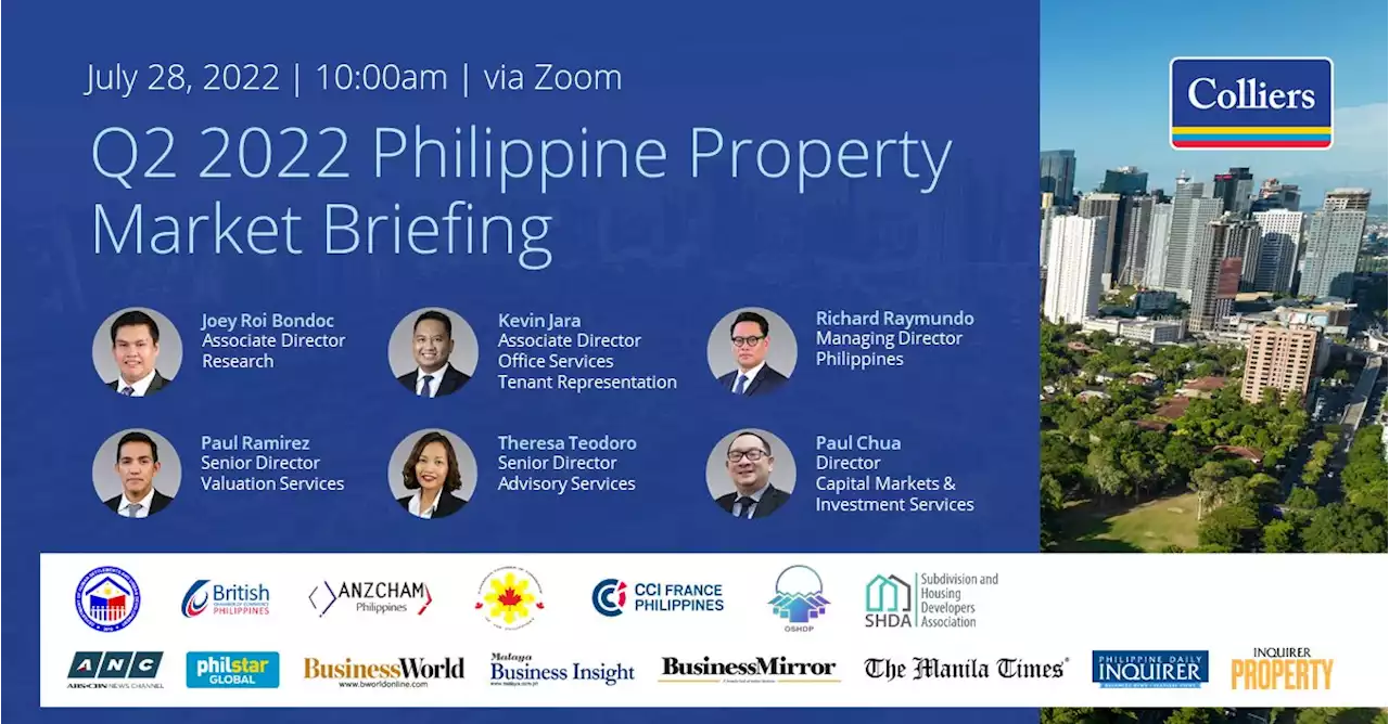 Welcome! You are invited to join a webinar: Colliers Philippines Webinar | Q2 2022 Property Market Briefing. After registering, you will receive a confirmation email about joining the webinar.