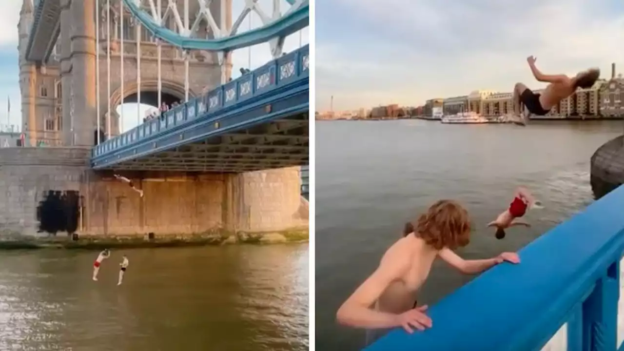 Daredevils leap off Tower Bridge into Thames in 'extremely dangerous' stunt