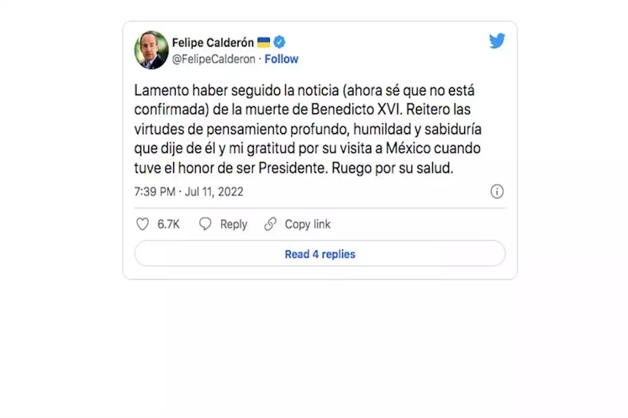 Felipe Calderón da por muerto a Benedicto XVI y así solucionó su error