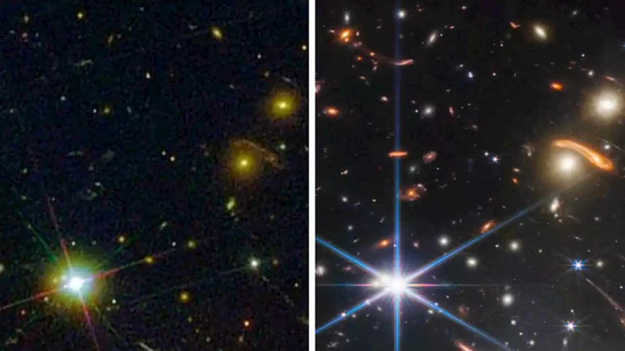 A side-by-side image highlights the power of James Webb over Hubble