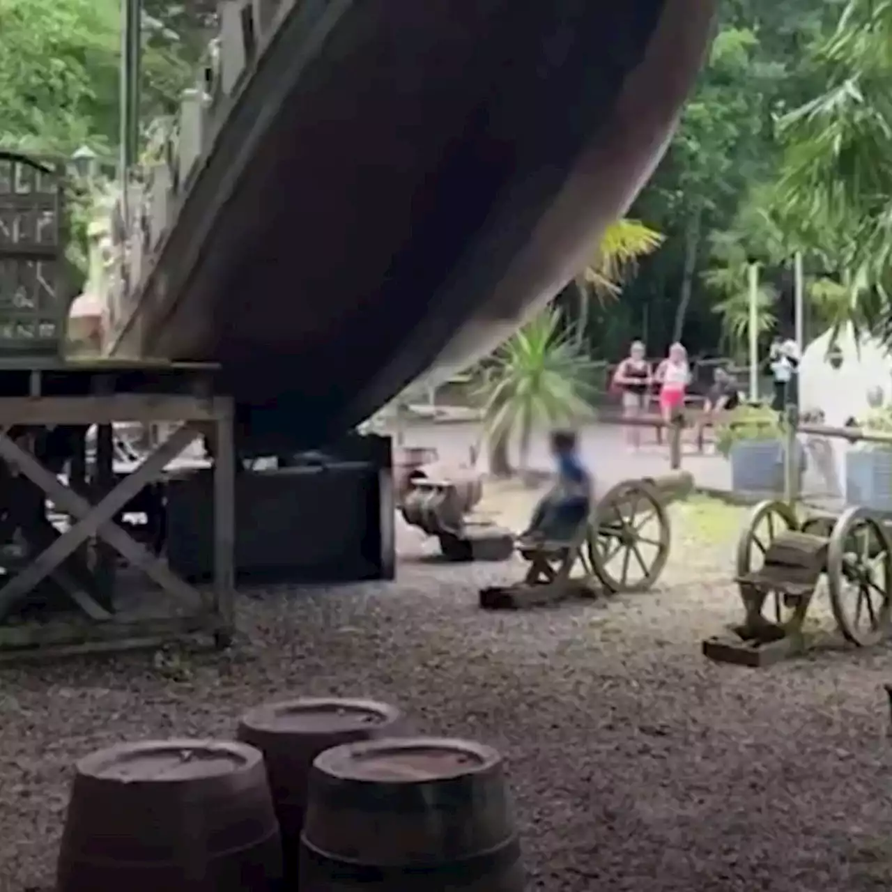 Horrifying moment boy is almost hit by swinging ship ride in Gulliver's World