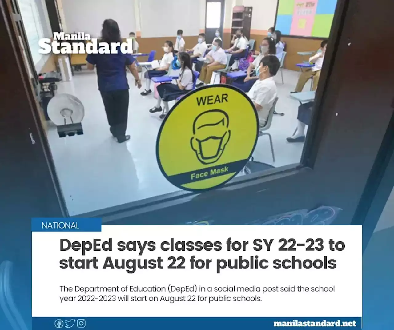 DepEd says classes for SY 22-23 to start August 22 for public schools