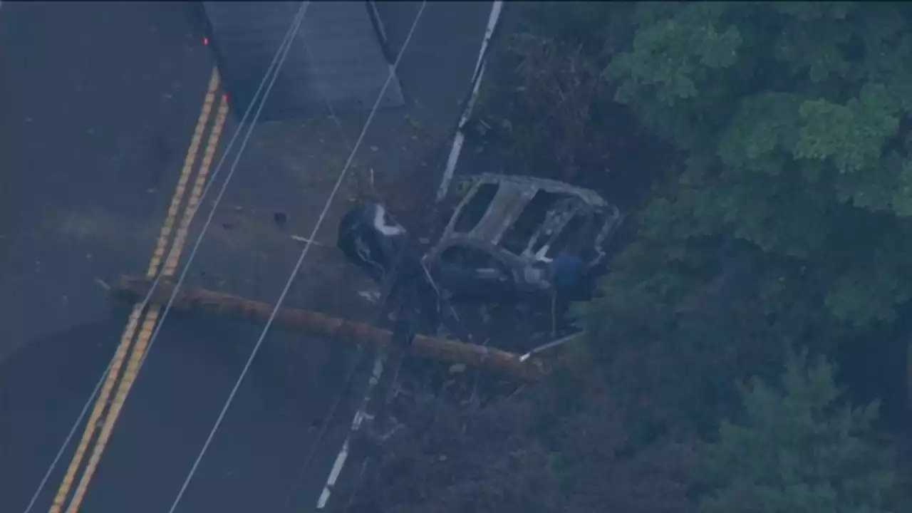 Car crashes into utility pole, catches fire in Denville, apparently during attempted traffic stop