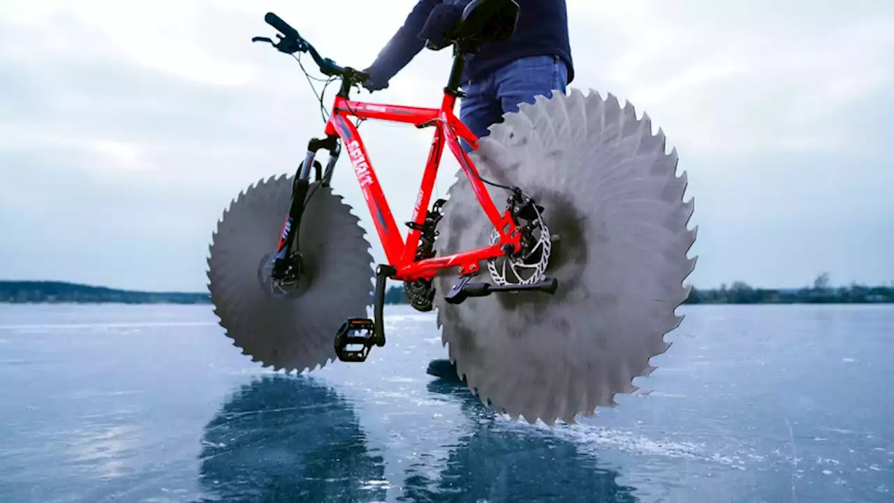 Craftsman Attaches Saws to His Bicycle, Rides it Over a Frozen Lake