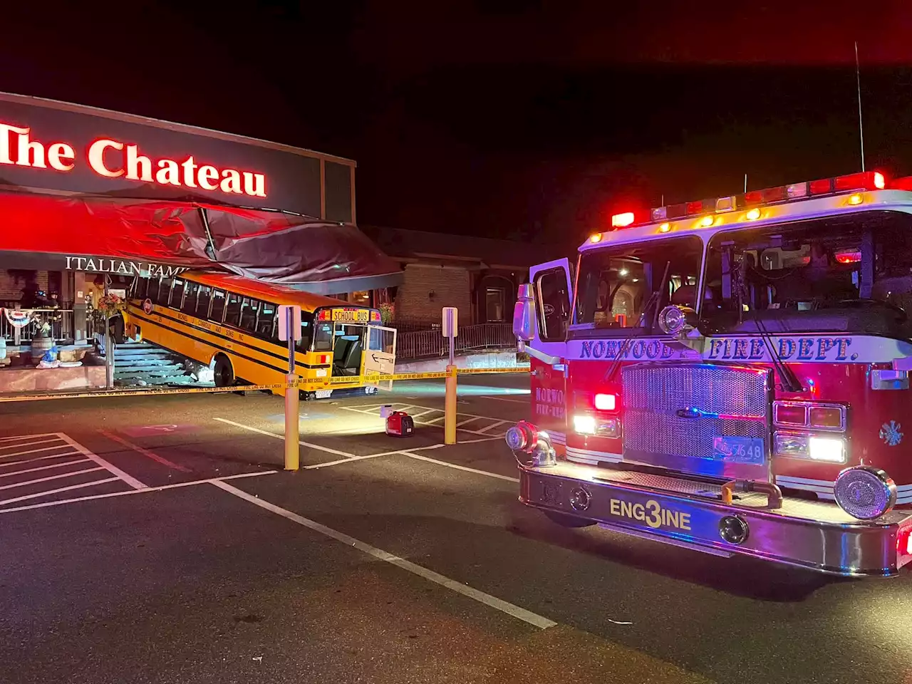 School Bus Crashes into The Chateau Restaurant in Norwood