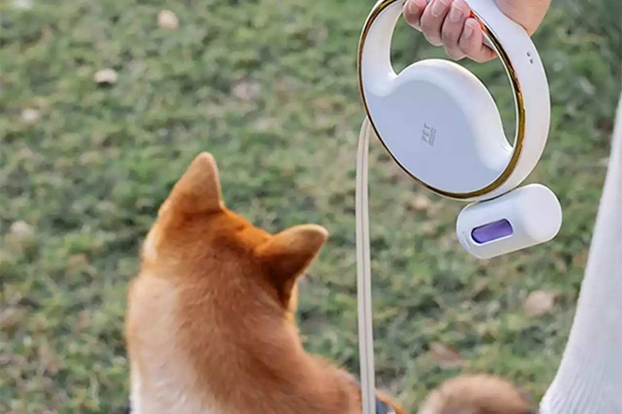 This ergonomic leash also has a built-in flashlight and baggy holder